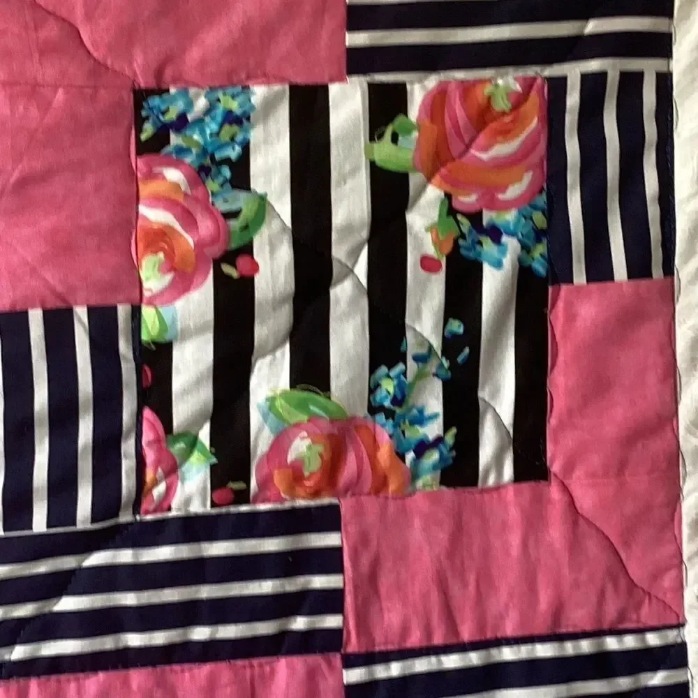 NWT. Hand Crafted Pink and Black Striped With Roses Floral Quilt